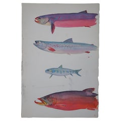 Vintage Ken Skahan After George Sutton Salmon Trout Fish Watercolor Painting 22"