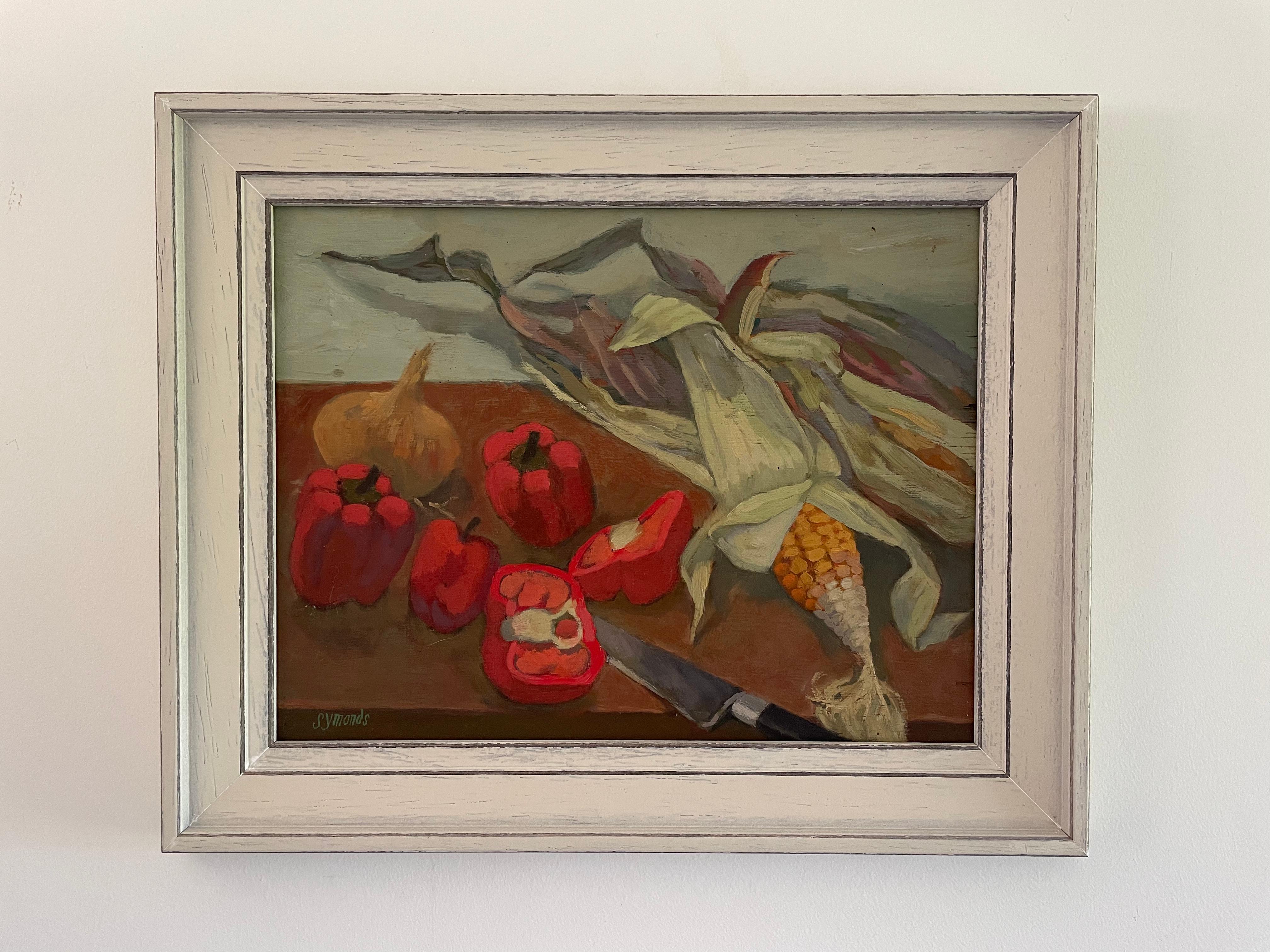 KEN SYMONDS
(1927-2010)

Sweetcorn and Sweet Peppers

Signed l.l.: Symonds; signed, inscribed with title and the artist’s address on the backboard
Oil on board
Framed

24 by 31 cm., 9 ½ by 12 ¼ in.
(frame size 33 by 40.5 cm., 13 by 16