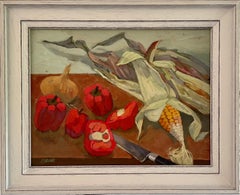 Vintage Ken Symonds - Still life of Sweetcorn and Sweet Peppers - British Oil on board