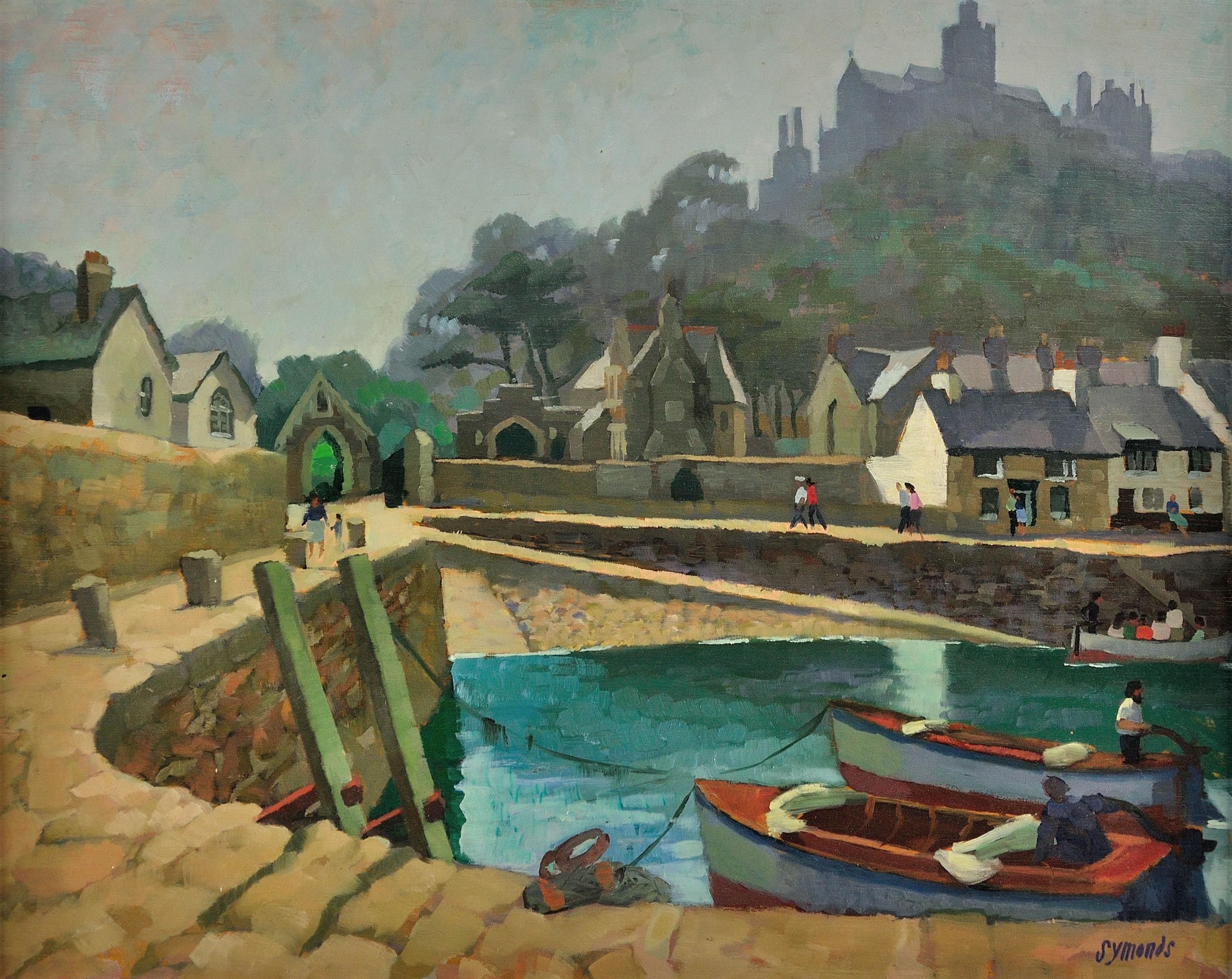 The Harbor, St Michaels Mount, Cornwall. Exhibited 1982. Unique Perspective - Painting by Ken Symonds