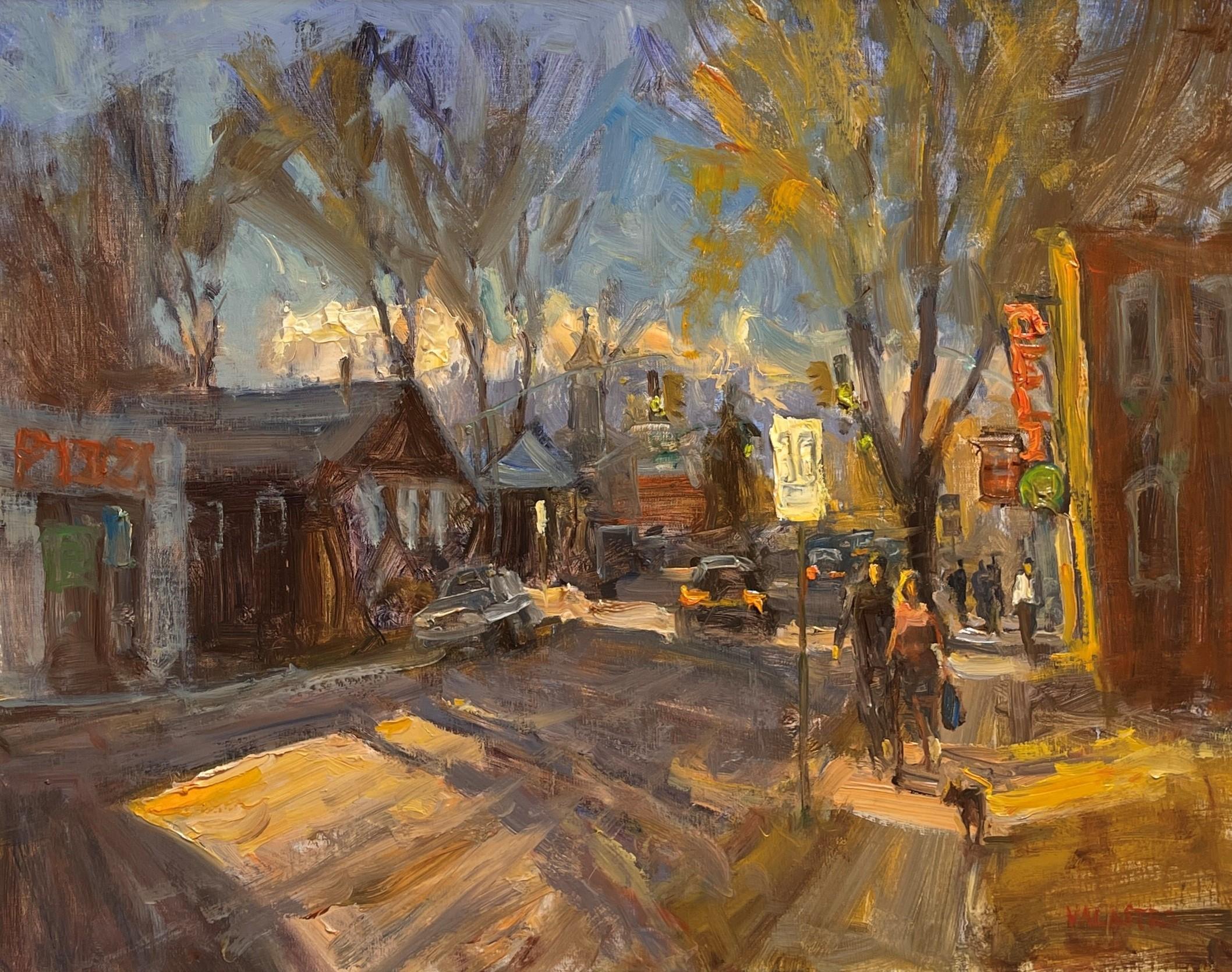 "En el barrio" Pintura urbana al óleo de una calle de la ciudad en sombras