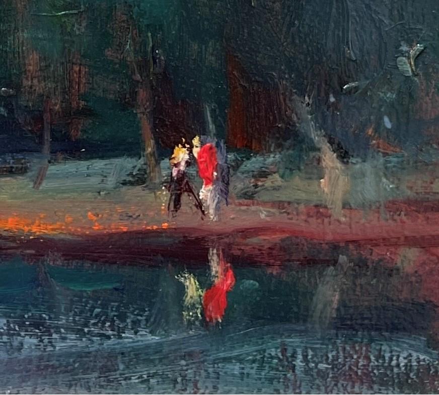 This original, handmade oil on panel painting, Washington Park (2009), is by the late Ken Valastro (1954–2014). Measuring 8 x 10 inches (20.32 x 25.40 cm) and framed to approximately 9 x 11 inches, it is a secondary market acquisition (previously