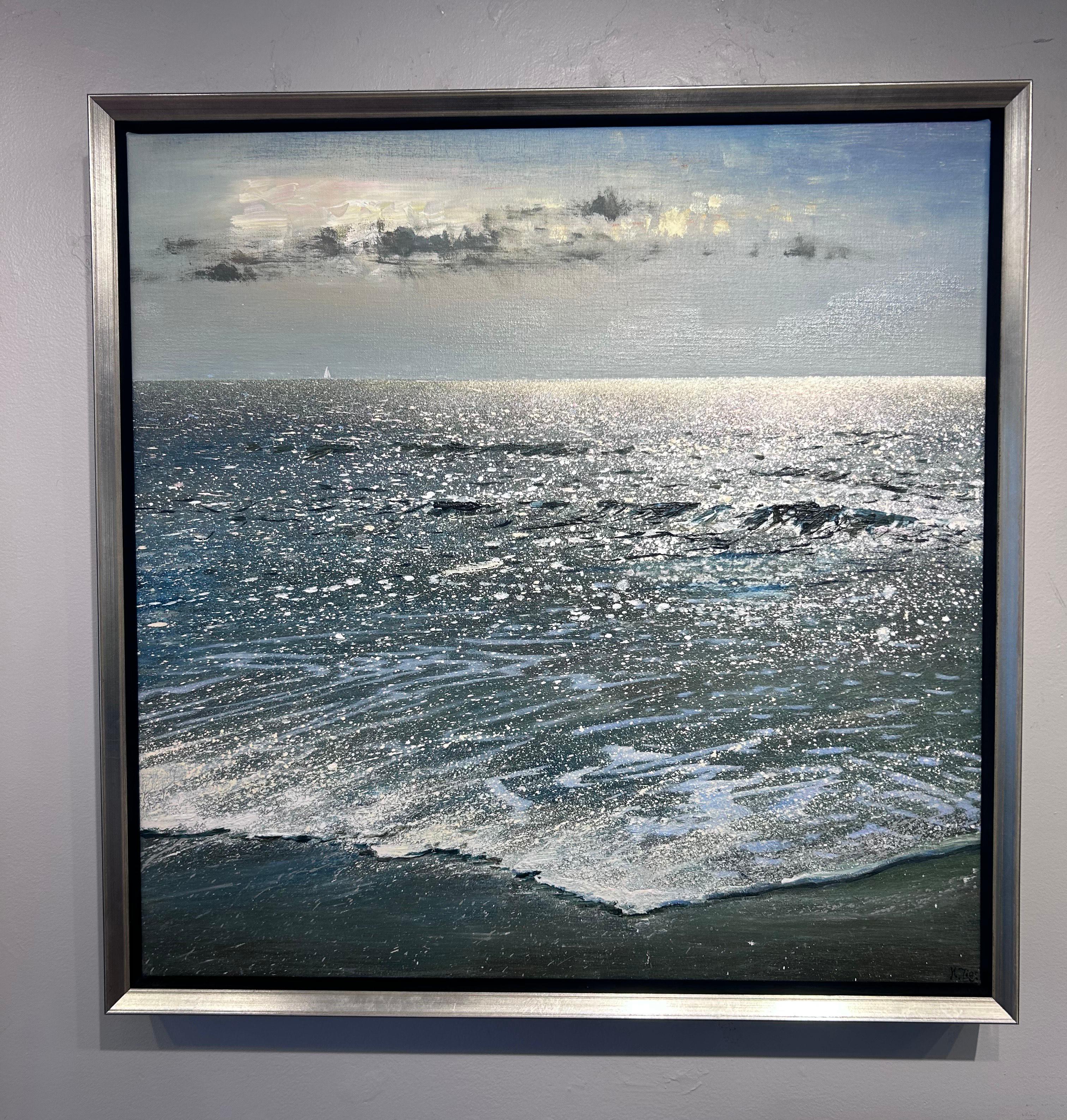 Ken Zier, „Sailing Away“, 27x27 Meereslandschaft, Wassersegeln, Ölgemälde auf Leinwand im Angebot 1