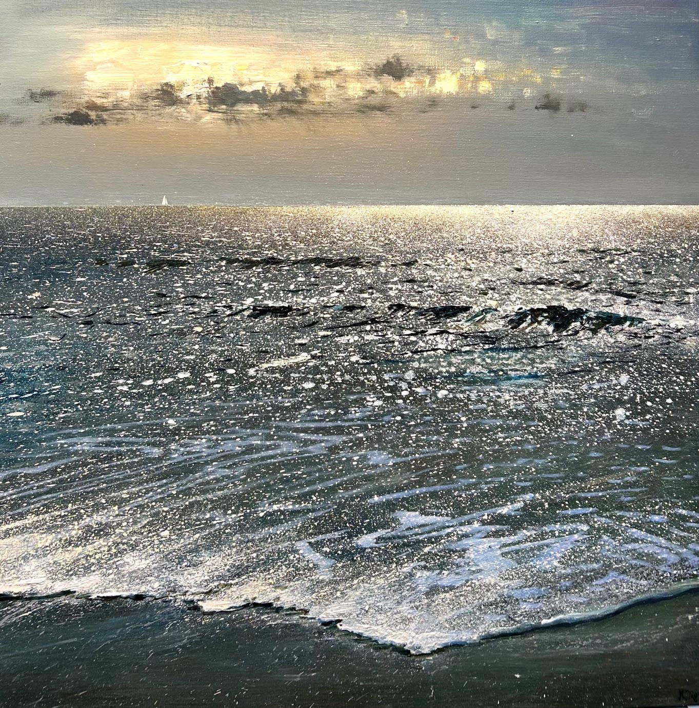 Ken Zier, „Sailing Away“, 27x27 Meereslandschaft, Wassersegeln, Ölgemälde auf Leinwand
