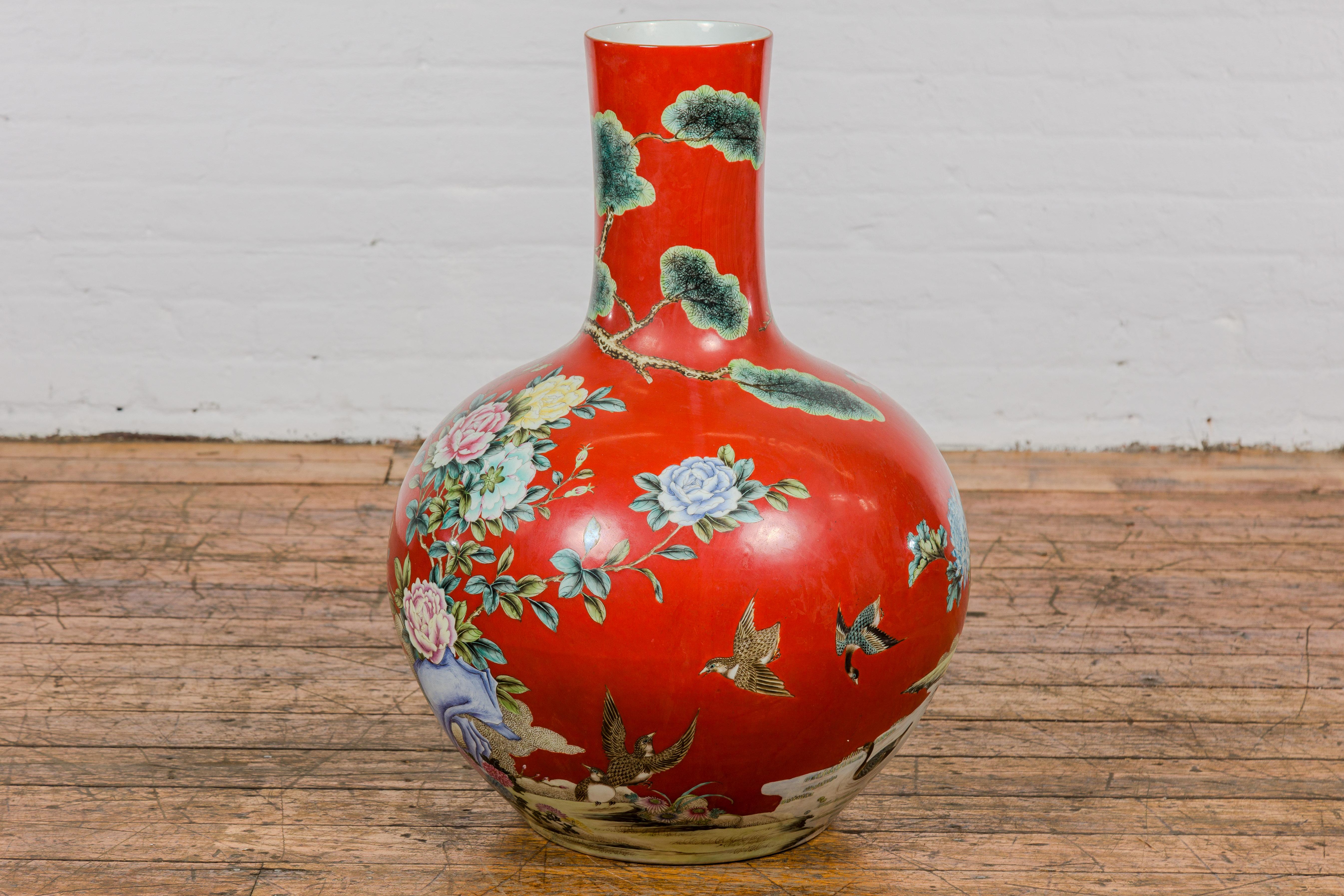Kendi Style Midcentury Red Porcelain Vase with Hand-Painted Birds and Flowers For Sale 5