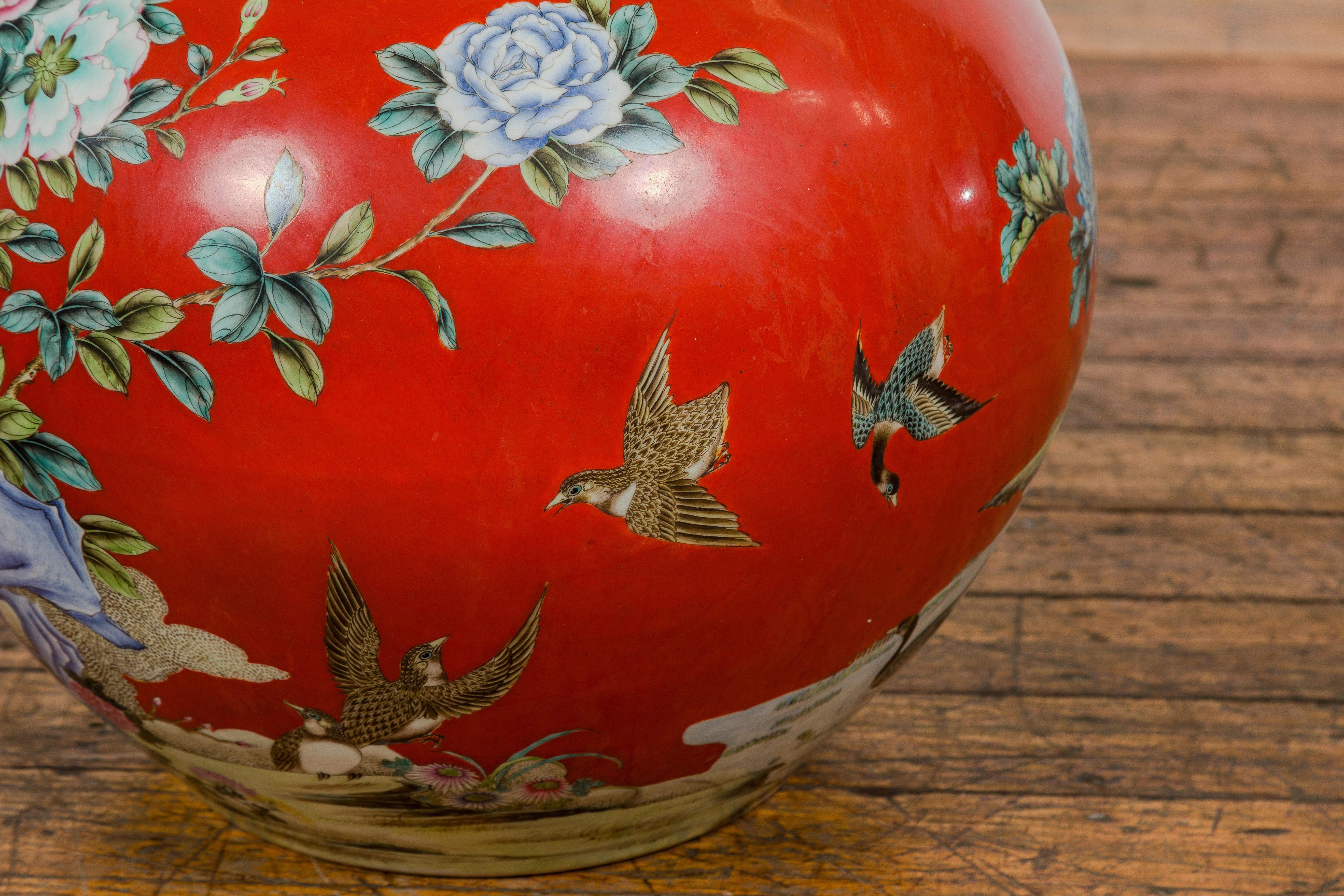 Kendi Style Midcentury Red Porcelain Vase with Hand-Painted Birds and Flowers For Sale 6