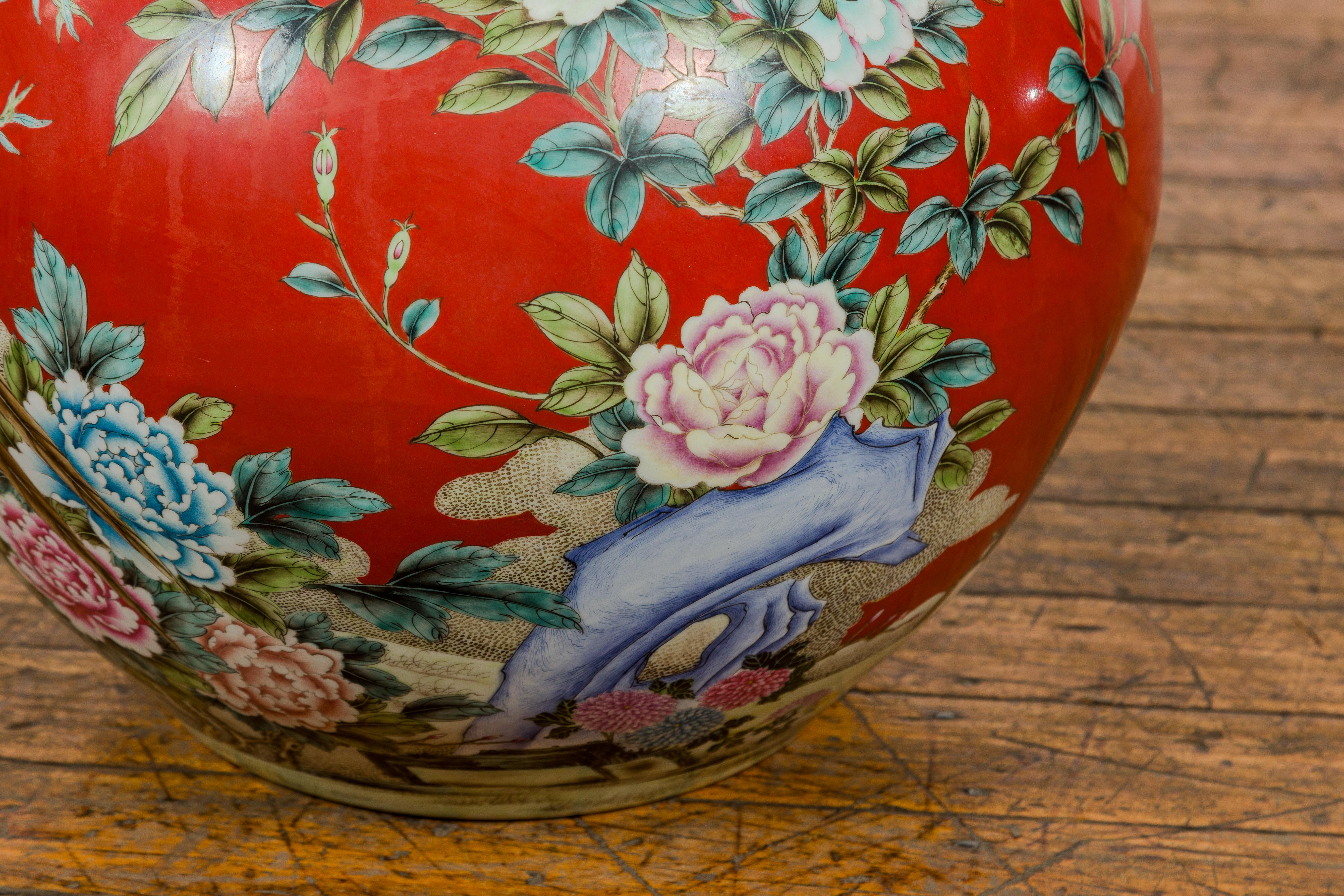 Kendi Style Midcentury Red Porcelain Vase with Hand-Painted Birds and Flowers For Sale 8