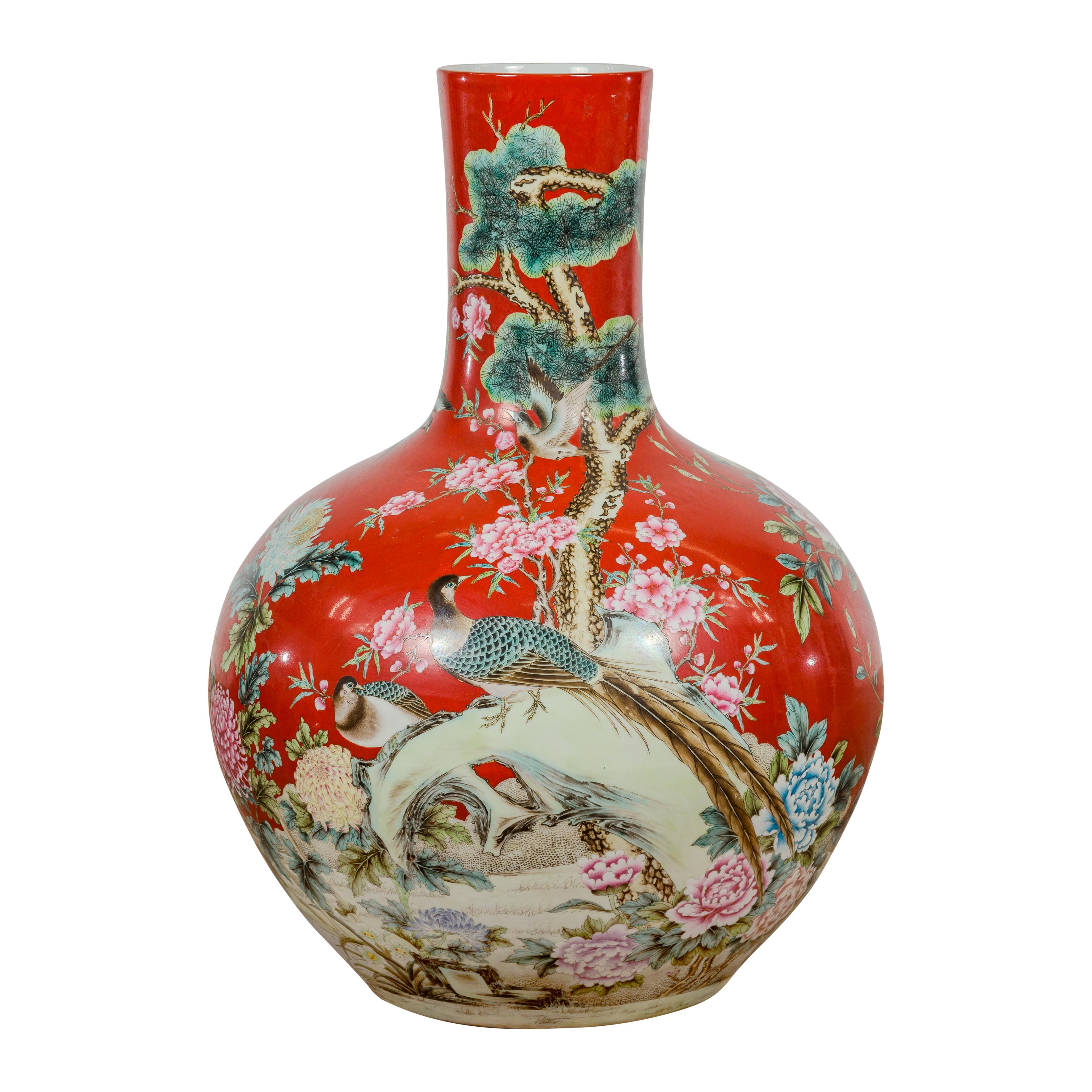 Kendi Style Midcentury Red Porcelain Vase with Hand-Painted Birds and Flowers For Sale 11
