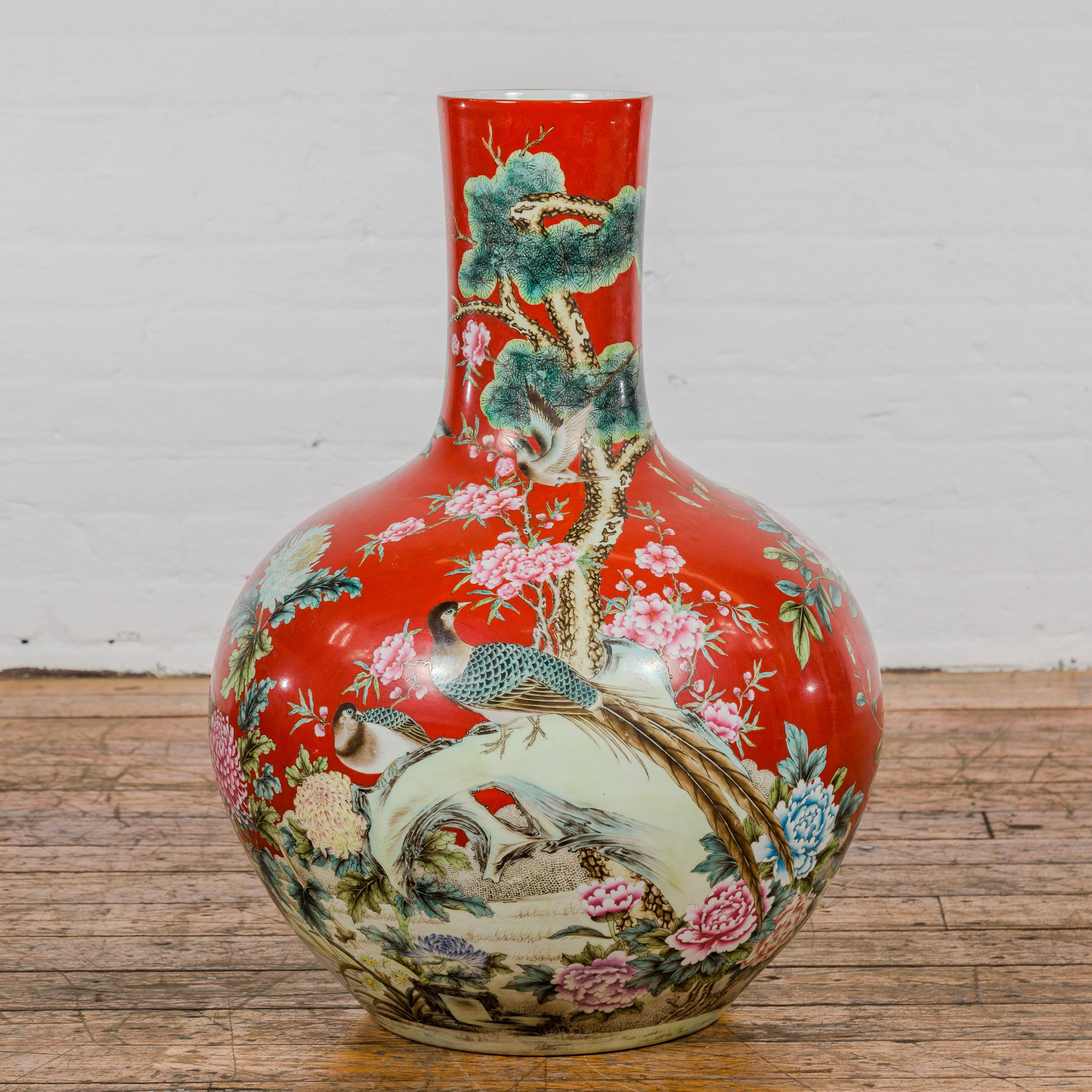 Chinese Kendi Style Midcentury Red Porcelain Vase with Hand-Painted Birds and Flowers For Sale