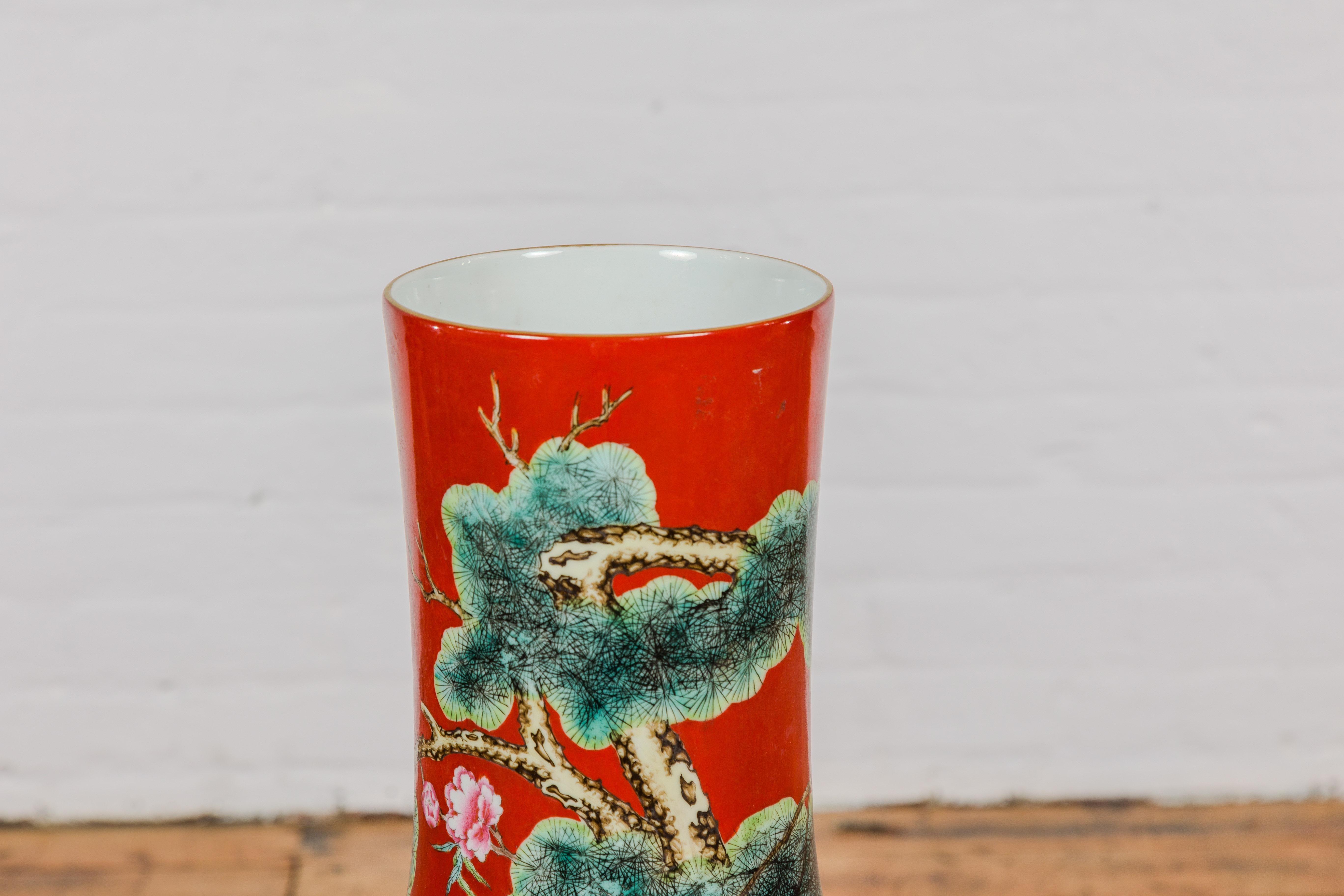 Kendi Style Midcentury Red Porcelain Vase with Hand-Painted Birds and Flowers In Good Condition For Sale In Yonkers, NY