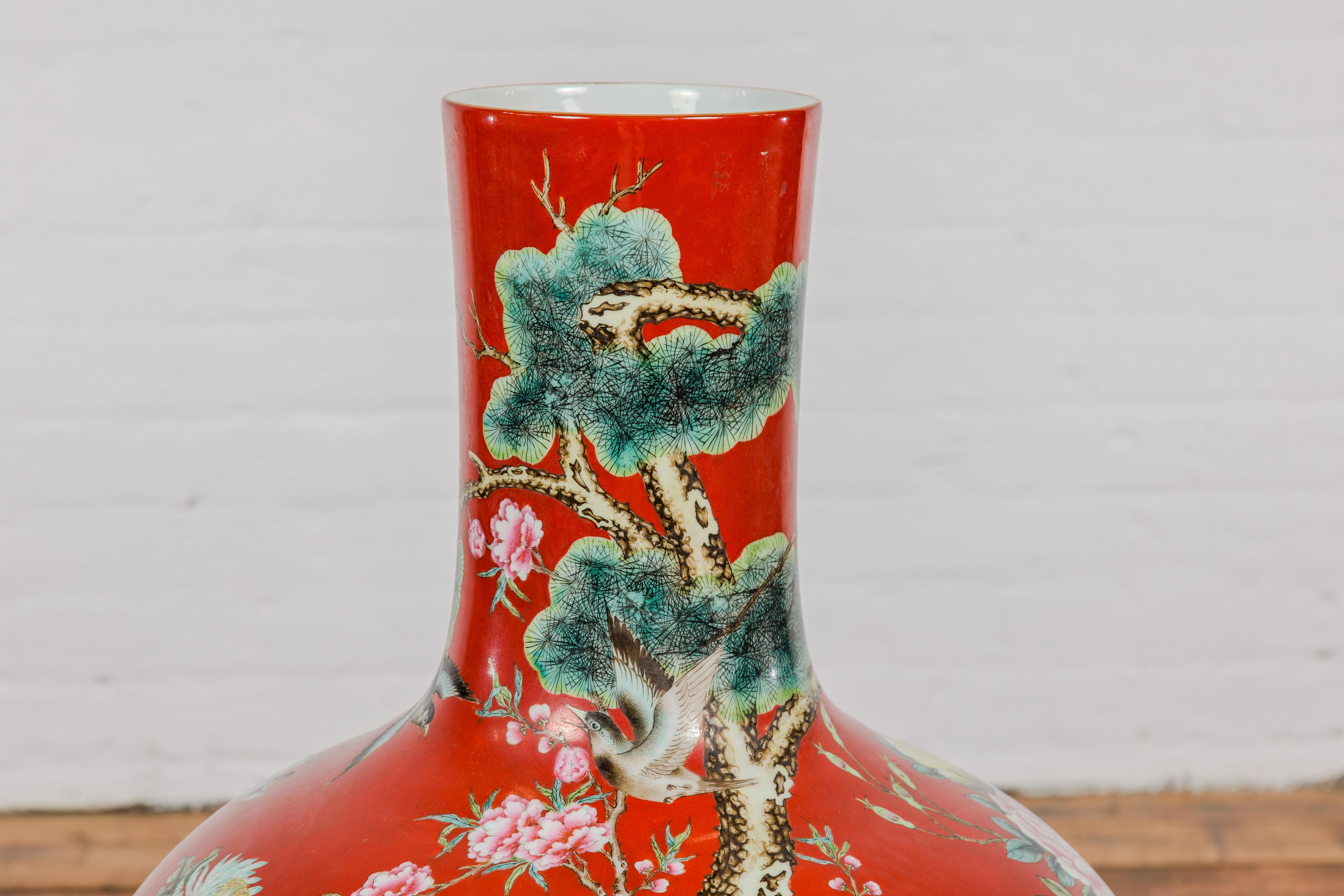 20th Century Kendi Style Midcentury Red Porcelain Vase with Hand-Painted Birds and Flowers For Sale