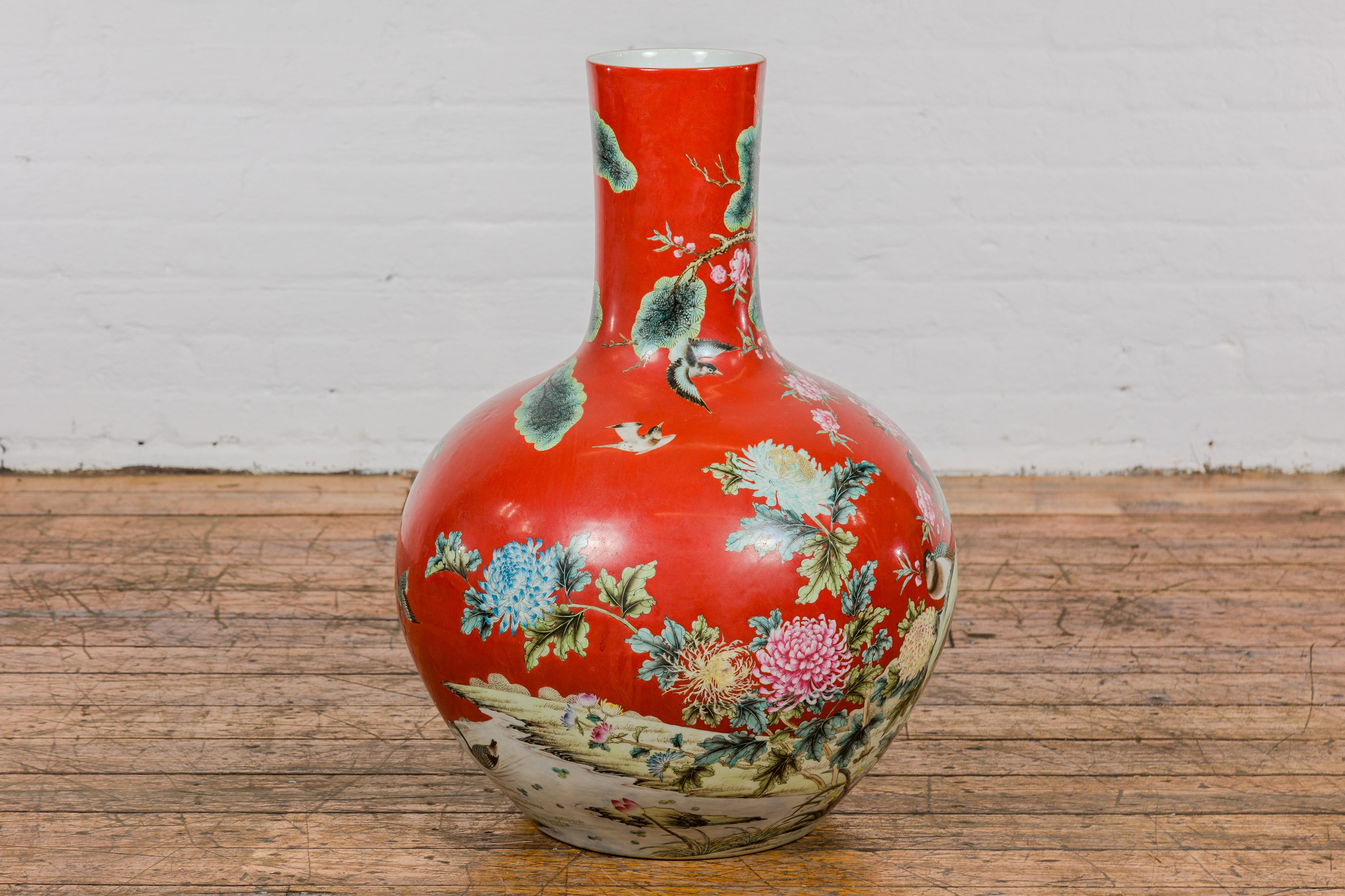 Kendi Style Midcentury Red Porcelain Vase with Hand-Painted Birds and Flowers For Sale 4
