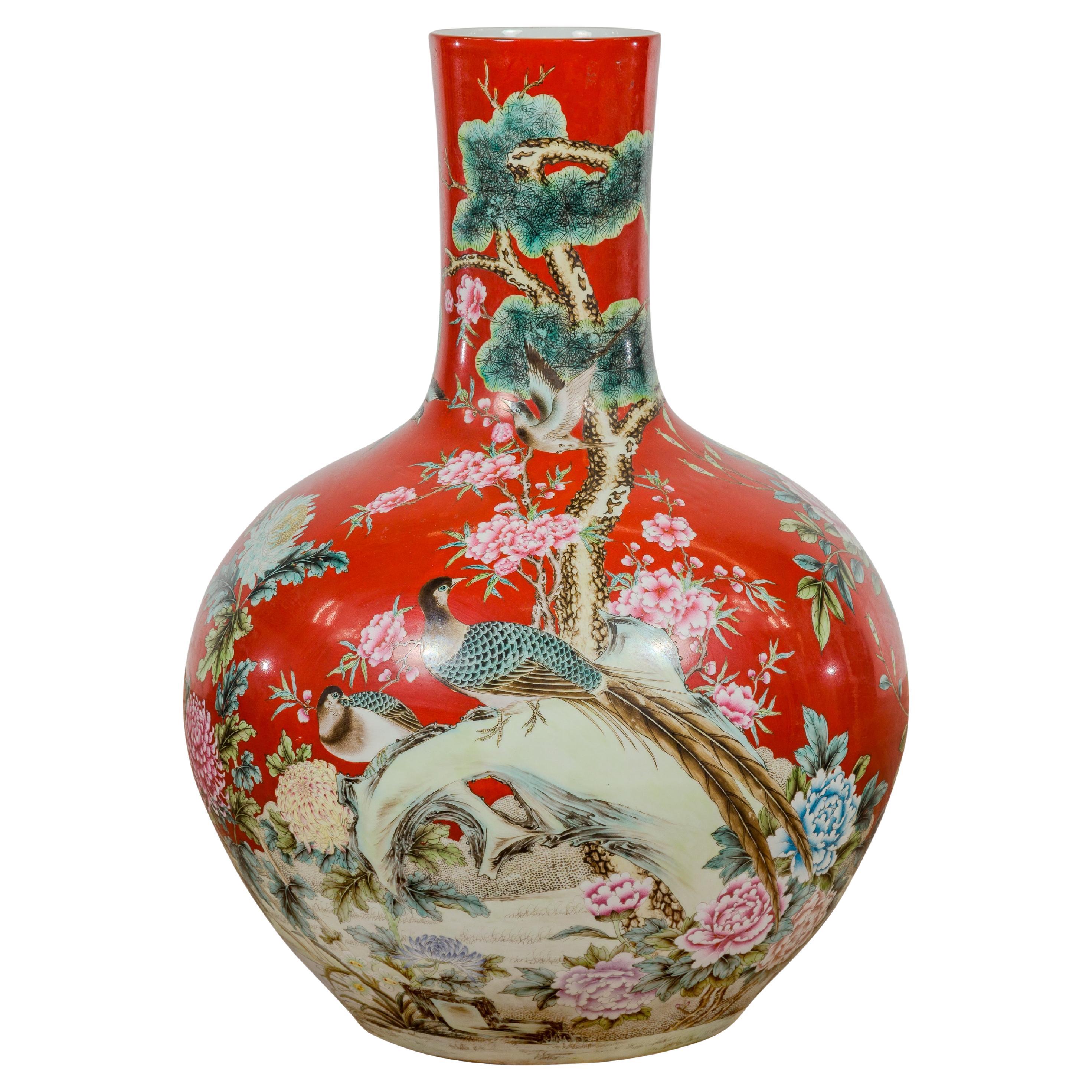 Kendi Style Midcentury Red Porcelain Vase with Hand-Painted Birds and Flowers For Sale