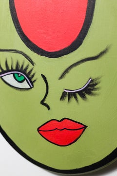 "Winking Olive", Food illustration, Personificaiton, makeup, lip Acrylic on Wood