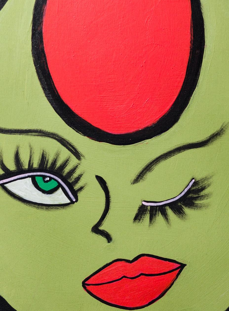 « Winking Olive », illustration de nourriture, Personificaiton, maquillage, lèvre acrylique sur bois en vente 1