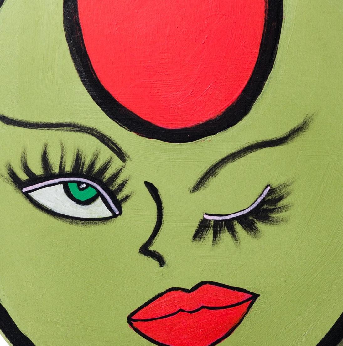 « Winking Olive », illustration de nourriture, Personificaiton, maquillage, lèvre acrylique sur bois en vente 3