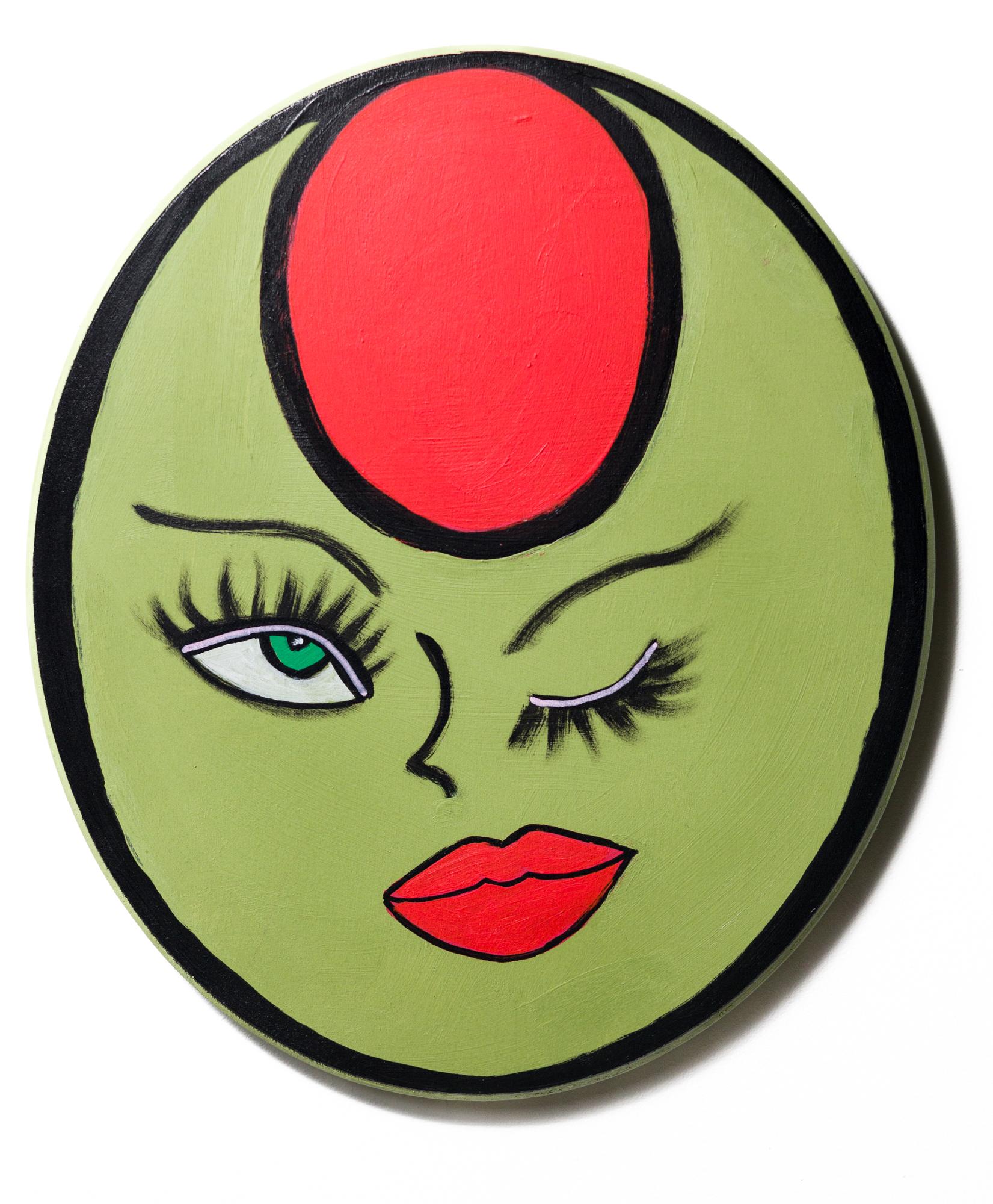 "Winking Olive", Food illustration, Personificaiton, makeup, lip Acrylic on Wood - Painting by Kendra Dandy