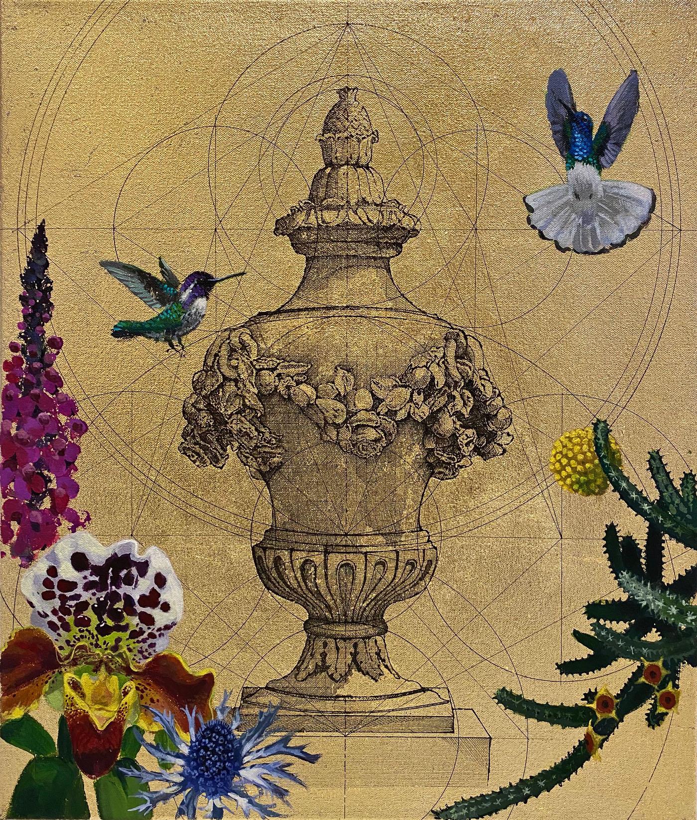 Aurum 1 - Botanische Opulenz, Geometrie und Vögel: Acryl, Tinte und Gold auf Leinwand