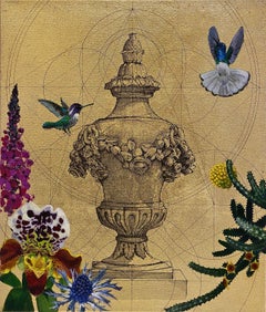 Aurum 1 - Opulencia Botánica, Geometría y Pájaros: Acrílico, Tinta y Oro sobre Lienzo