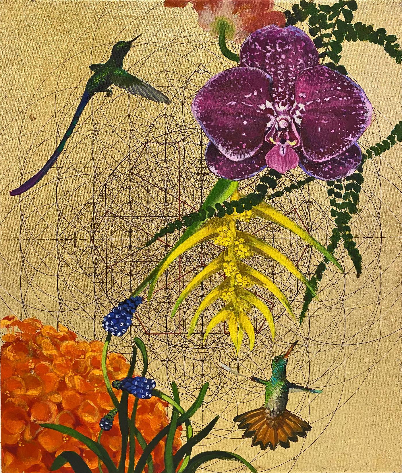 Aurum 2 - Botanical Opulence, Geometry & Birds: Acrylic, Ink & Gold on Canvas - Mixed Media Art by Keng Wai Lee & Marco Araldi