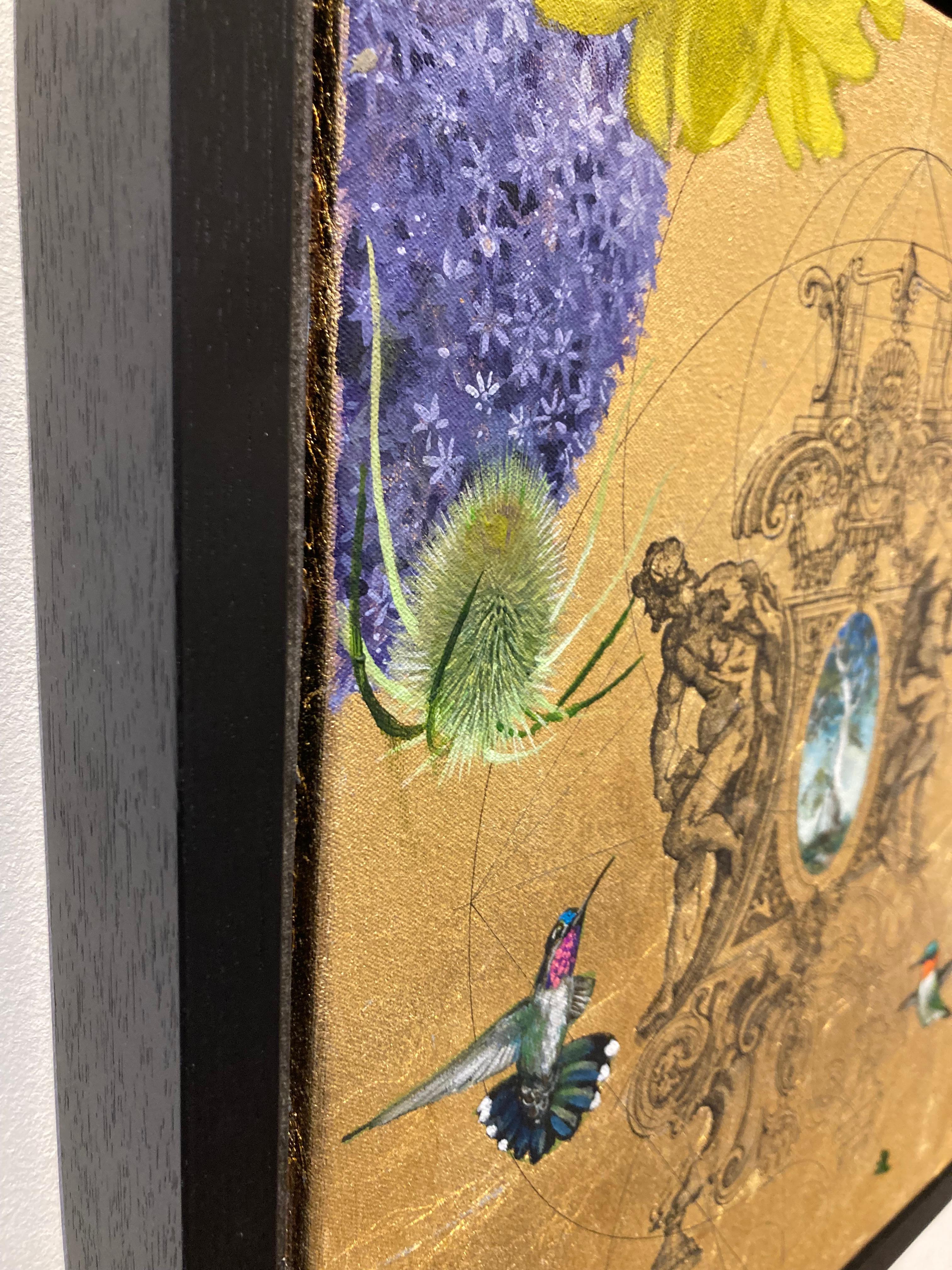 Aurum 3 - Botanical Opulence, Geometry & Birds: Acrylic, Ink & Gold on Canvas - Contemporary Mixed Media Art by Keng Wai Lee & Marco Araldi