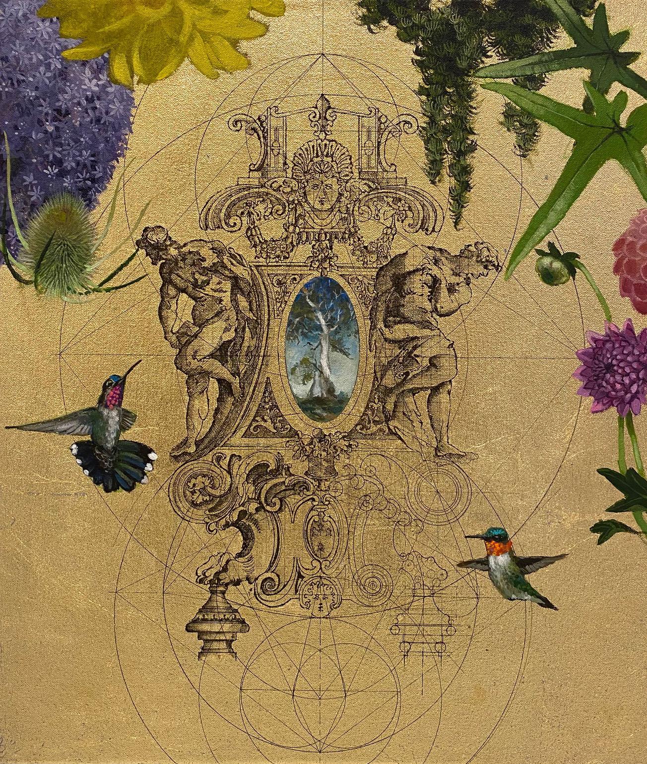 Aurum 3 - Opulence botanique, géométrie et oiseaux : Acrylique, encre et or sur toile