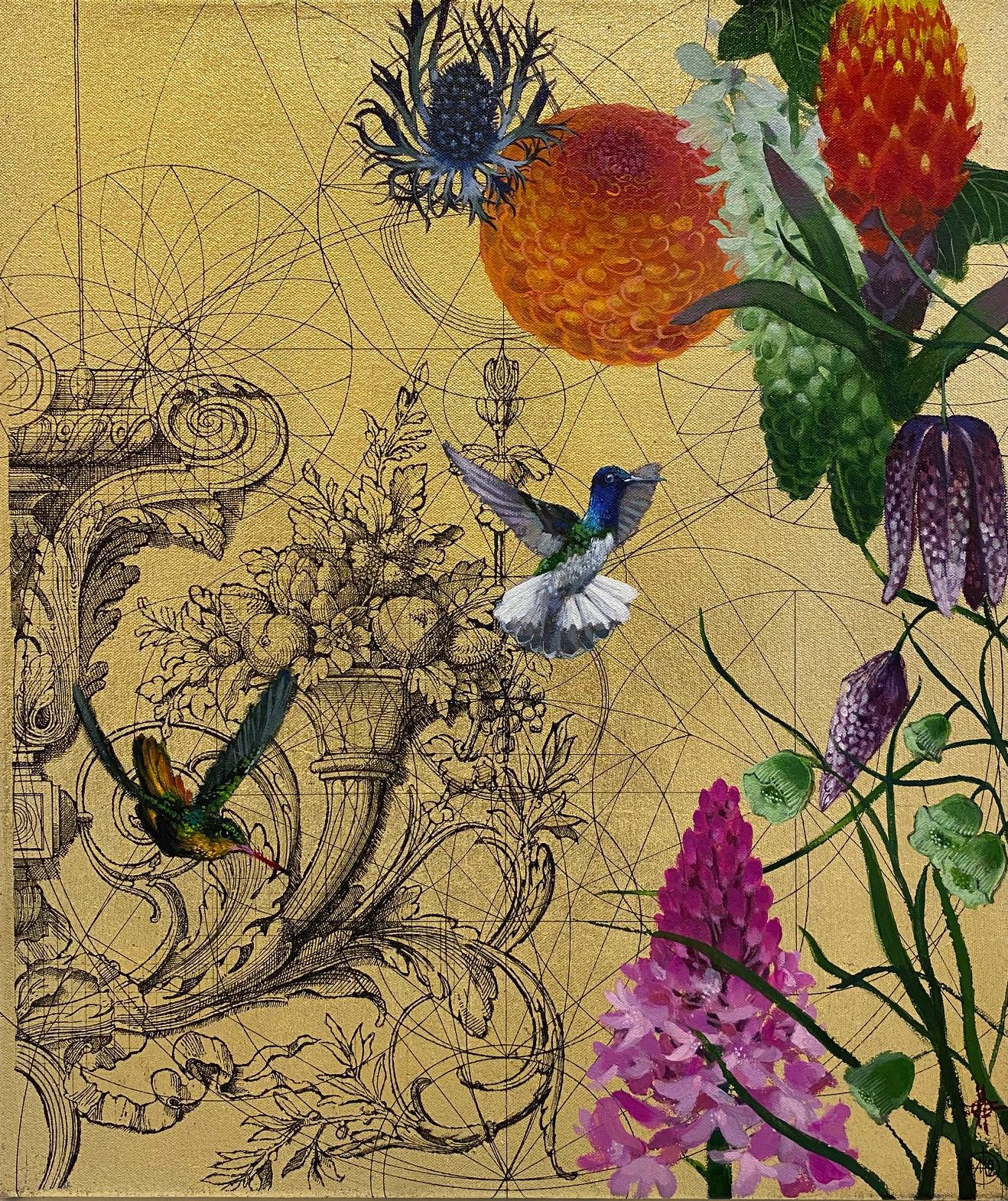 Aurum 7 - Opulent Geometry, Birds & Botany: Mixed Media on Stretched Canvas - Mixed Media Art by Keng Wai Lee & Marco Araldi