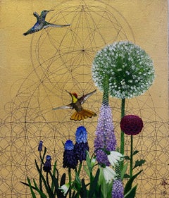 Aurum 8 - Opulent géométrie, botanique et oiseaux : techniques mixtes sur toile extensible
