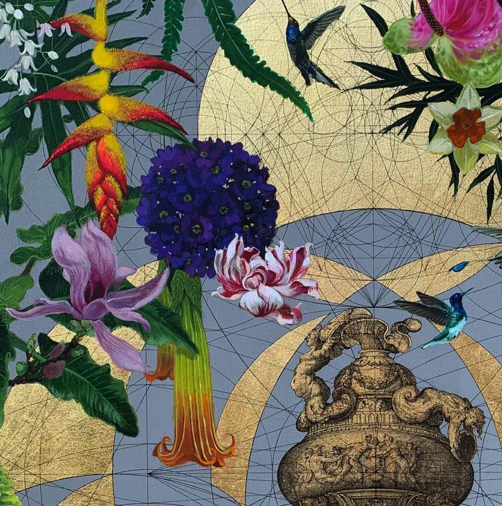 Claudius Conqueror - Géométrie opulente, oiseaux et botanique : techniques mixtes sur toile - Painting de Keng Wai Lee & Marco Araldi