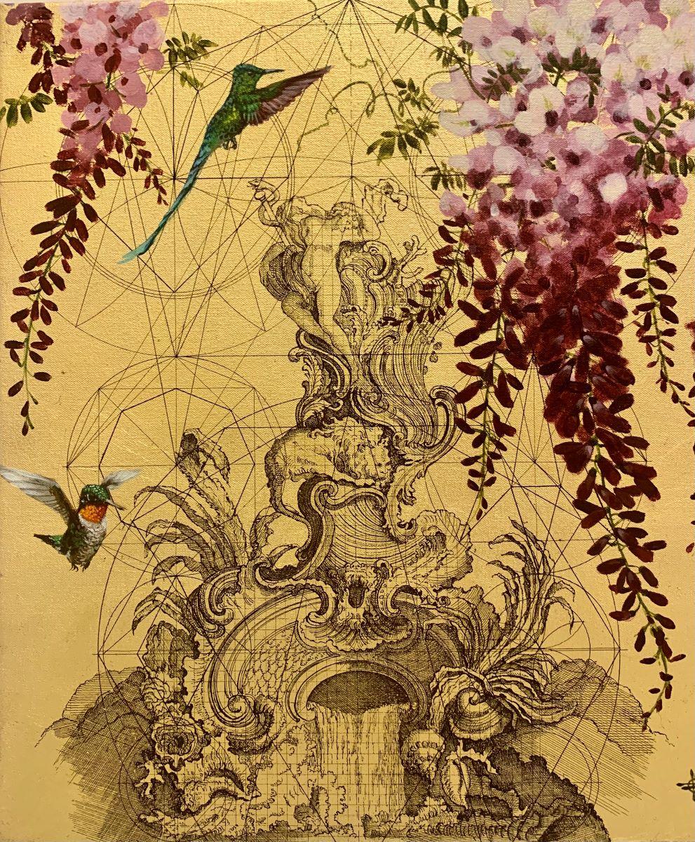 Aurum 11 – Blumen und Vögel Zeitgenössisches Tiergemälde aus Gold mit Realismus