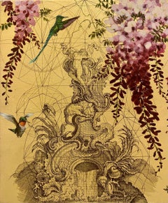 Aurum 11 – Blumen und Vögel Zeitgenössisches Tiergemälde aus Gold mit Realismus