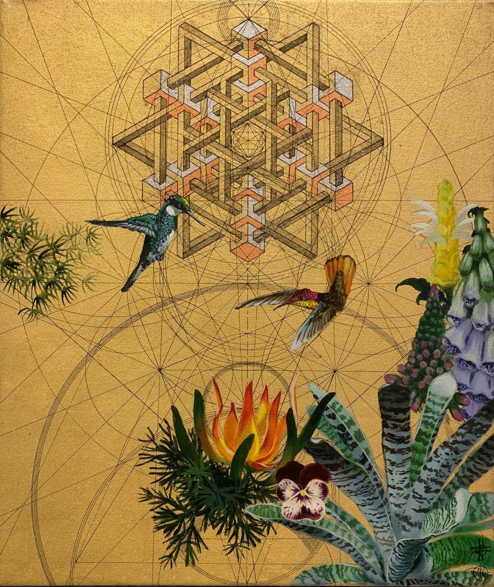 Keng Wai Lee & Marco Araldi Animal Painting - Aurum 13 - contemporary flowers birds gold geometric 