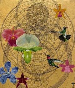 Aurum 14 -peinture décorative florale géométrique colorée en techniques mixtes contemporaines