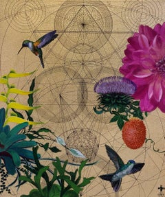 Aurum 16 - contemporary birds flowers gold geometric hummingbird