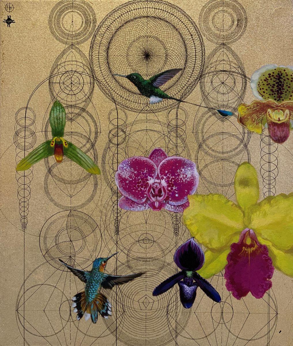 Keng Wai Lee & Marco Araldi Animal Painting - Aurum 17 - contemporary, birds, flowers, gold, geometric, hummingbird 
