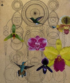 Aurum 17 - contemporary, birds, flowers, gold, geometric, hummingbird 