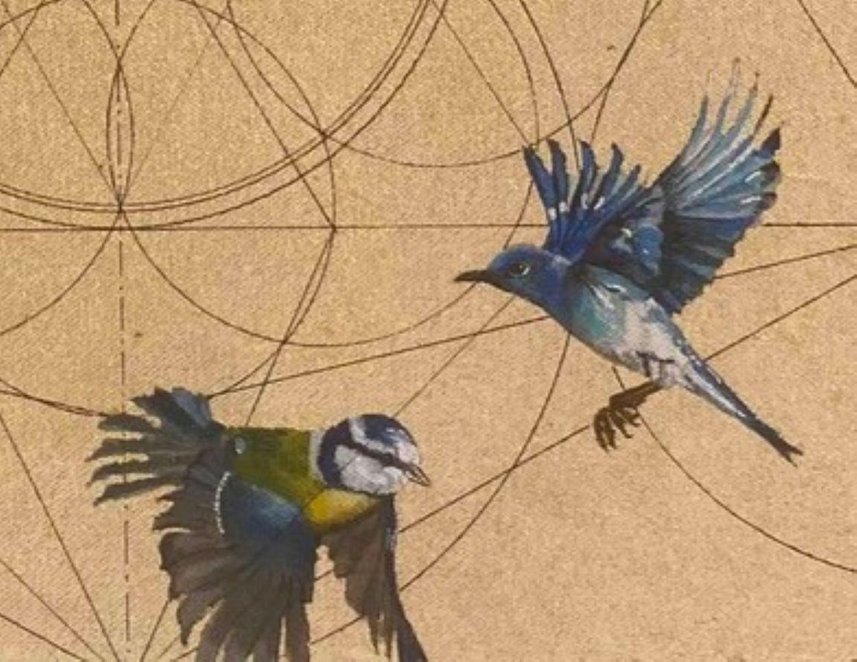 Aurum 21 -Pittura decorativa Fiori Uccelli Animali Oro Cerchi Contemporanei - Painting Contemporaneo di Keng Wai Lee & Marco Araldi
