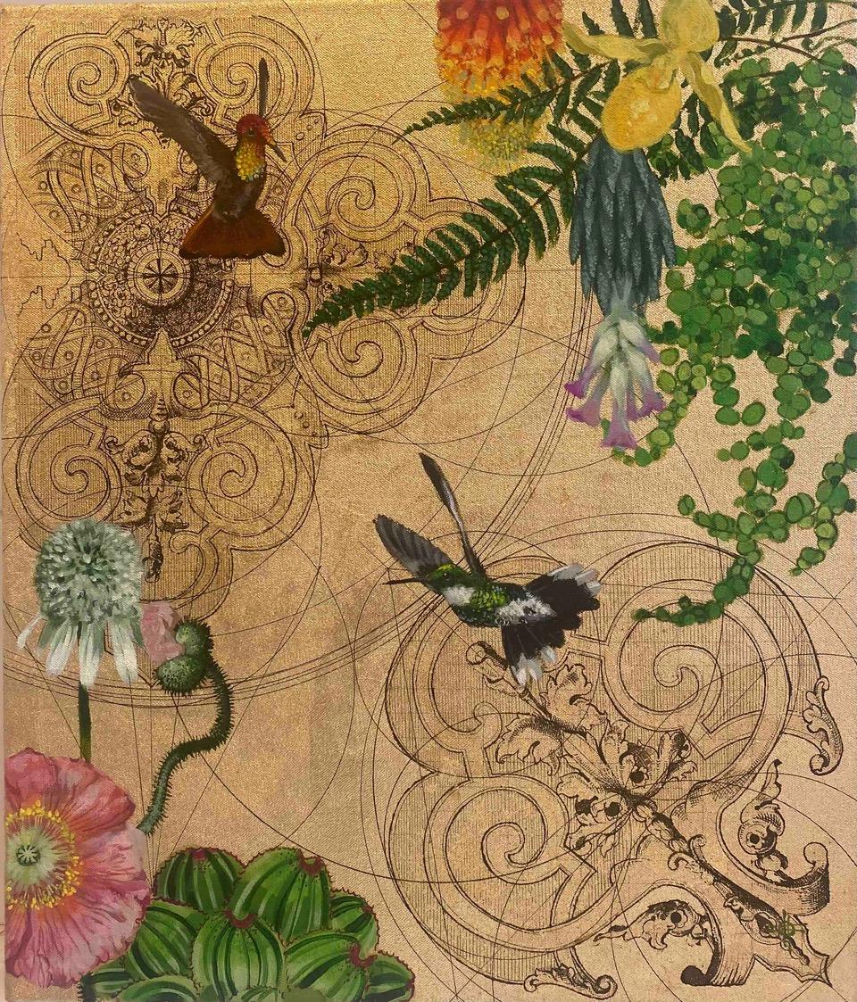 Animal Painting Keng Wai Lee & Marco Araldi - Aurum 22 -Fleurs décoratives Oiseaux Animal Peinture Or Cercles Contemporains