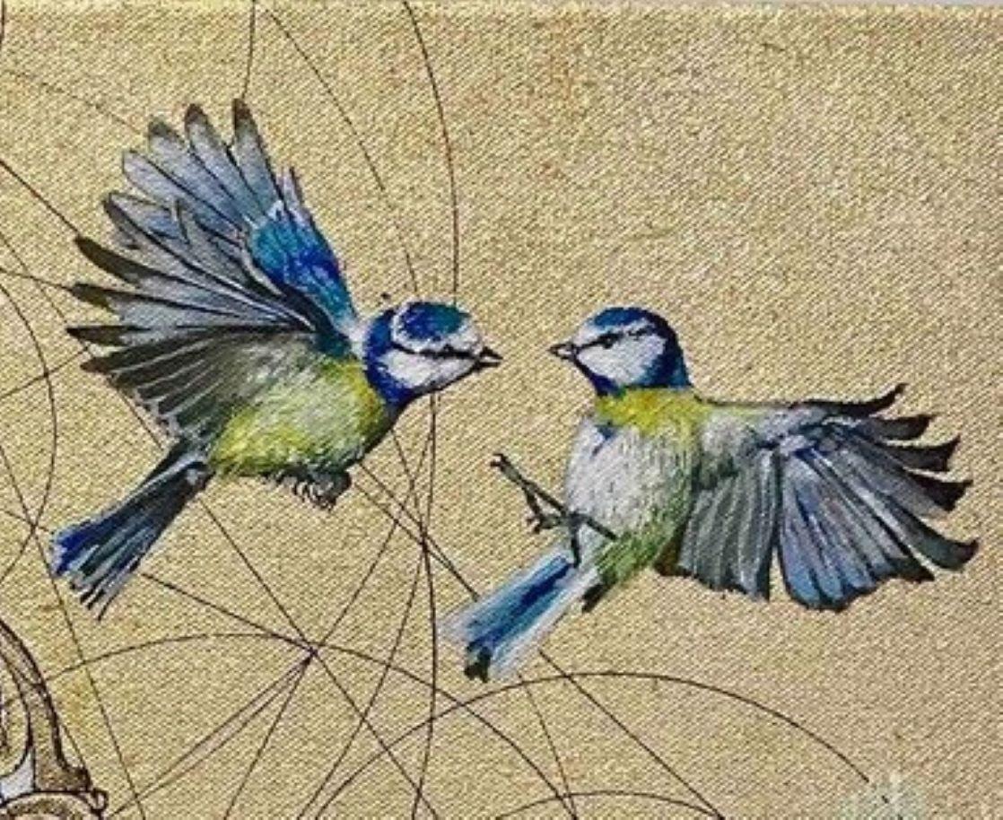 Aurum 23 -Pittura decorativa Fiori Uccelli Animali Oro Cerchi Contemporanei - Painting Contemporaneo di Keng Wai Lee & Marco Araldi