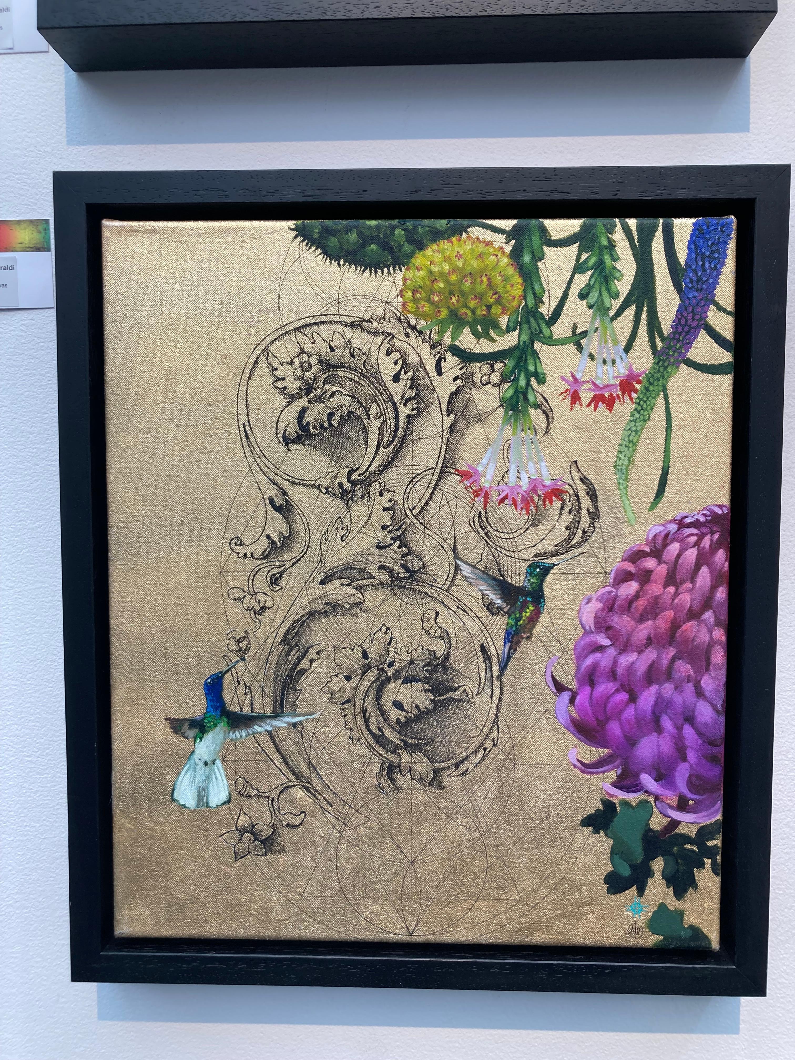 Aurum 5 - Botanische Opulenz, Geometrie und Vögel: Acryl, Tinte und Gold auf Leinwand – Painting von Keng Wai Lee & Marco Araldi