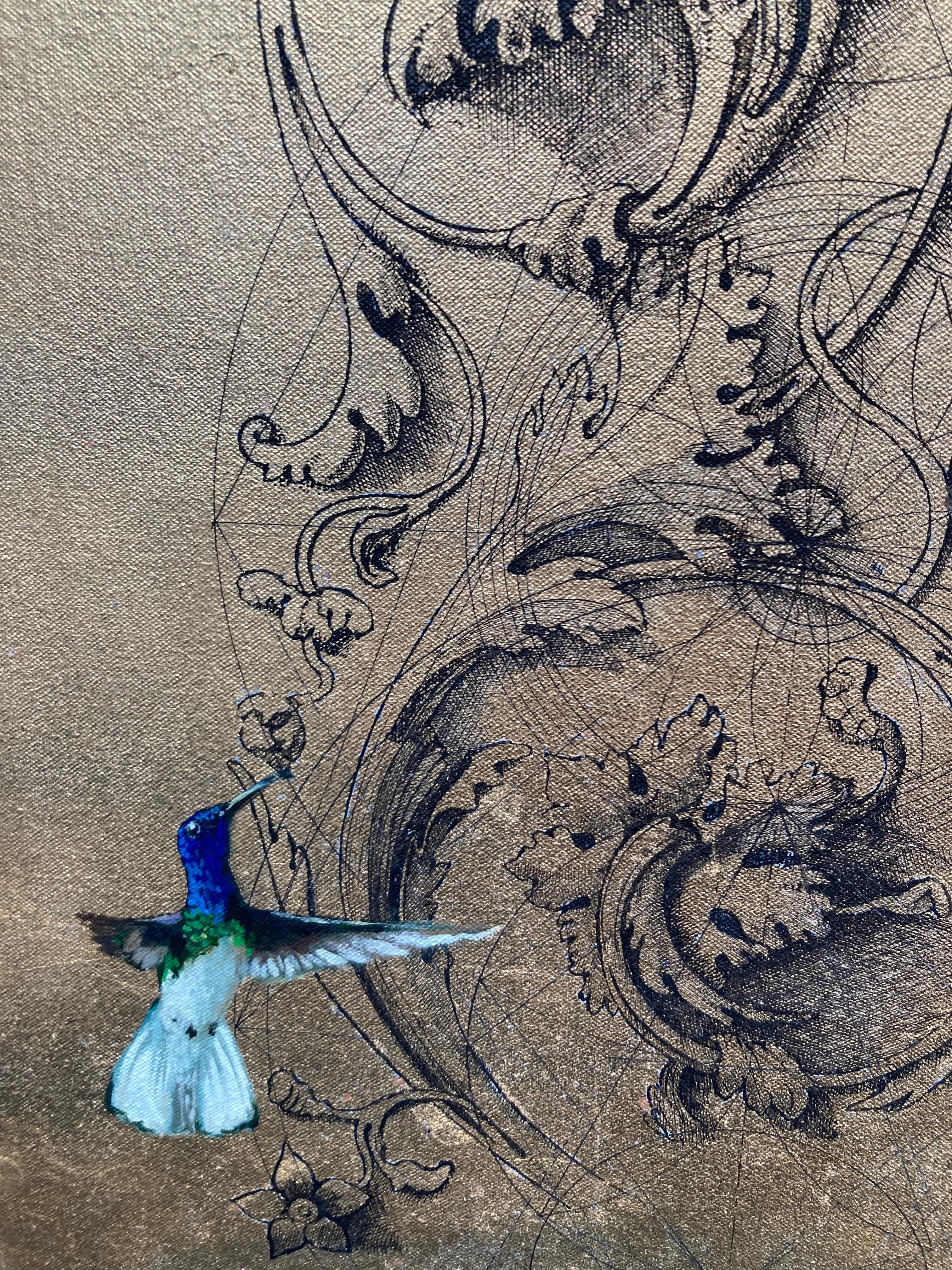 Aurum 5 - Botanische Opulenz, Geometrie und Vögel: Acryl, Tinte und Gold auf Leinwand (Braun), Animal Painting, von Keng Wai Lee & Marco Araldi