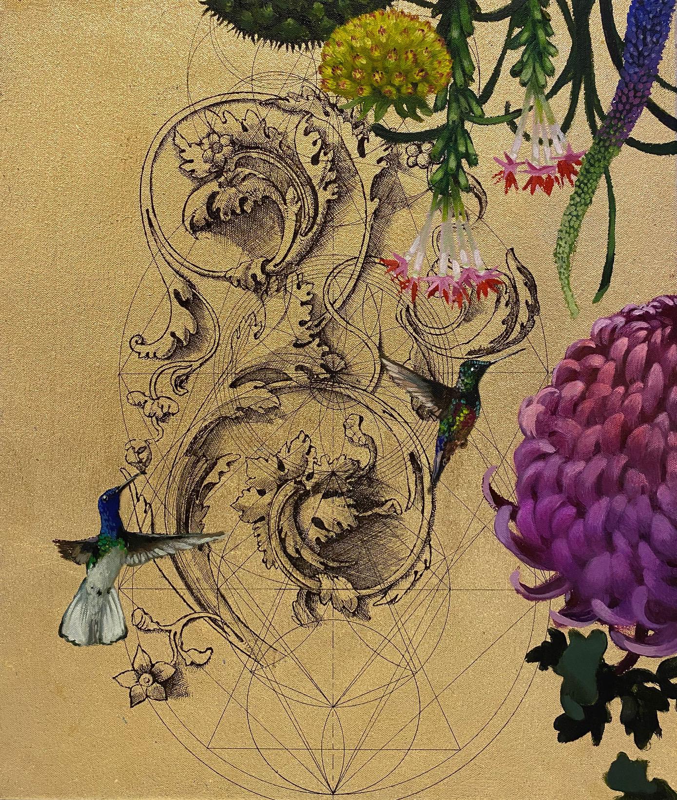 Aurum 5 - Opulence botanique, géométrie et oiseaux : Acrylique, encre et or sur toile