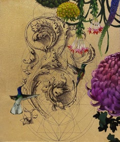 Aurum 5 - Botanische Opulenz, Geometrie und Vögel: Acryl, Tinte und Gold auf Leinwand