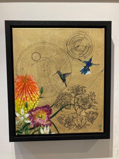Aurum 6 - peinture contemporaine en techniques mixtes, oiseaux géométriques à fleurs