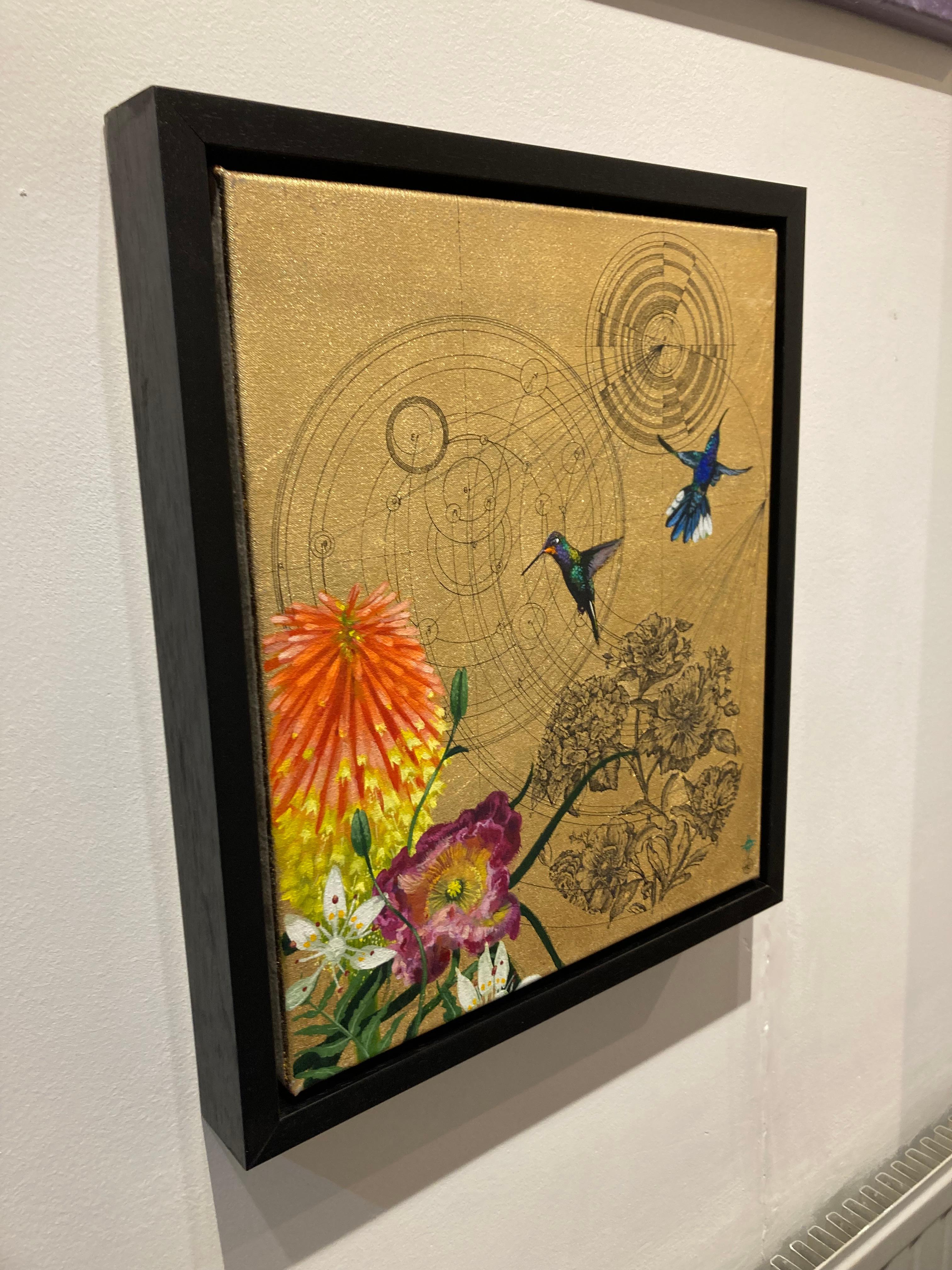 Aurum 6 - pintura contemporánea en técnica mixta, Geometría Floral Dorada Pájaros - Painting Contemporáneo de Keng Wai Lee & Marco Araldi