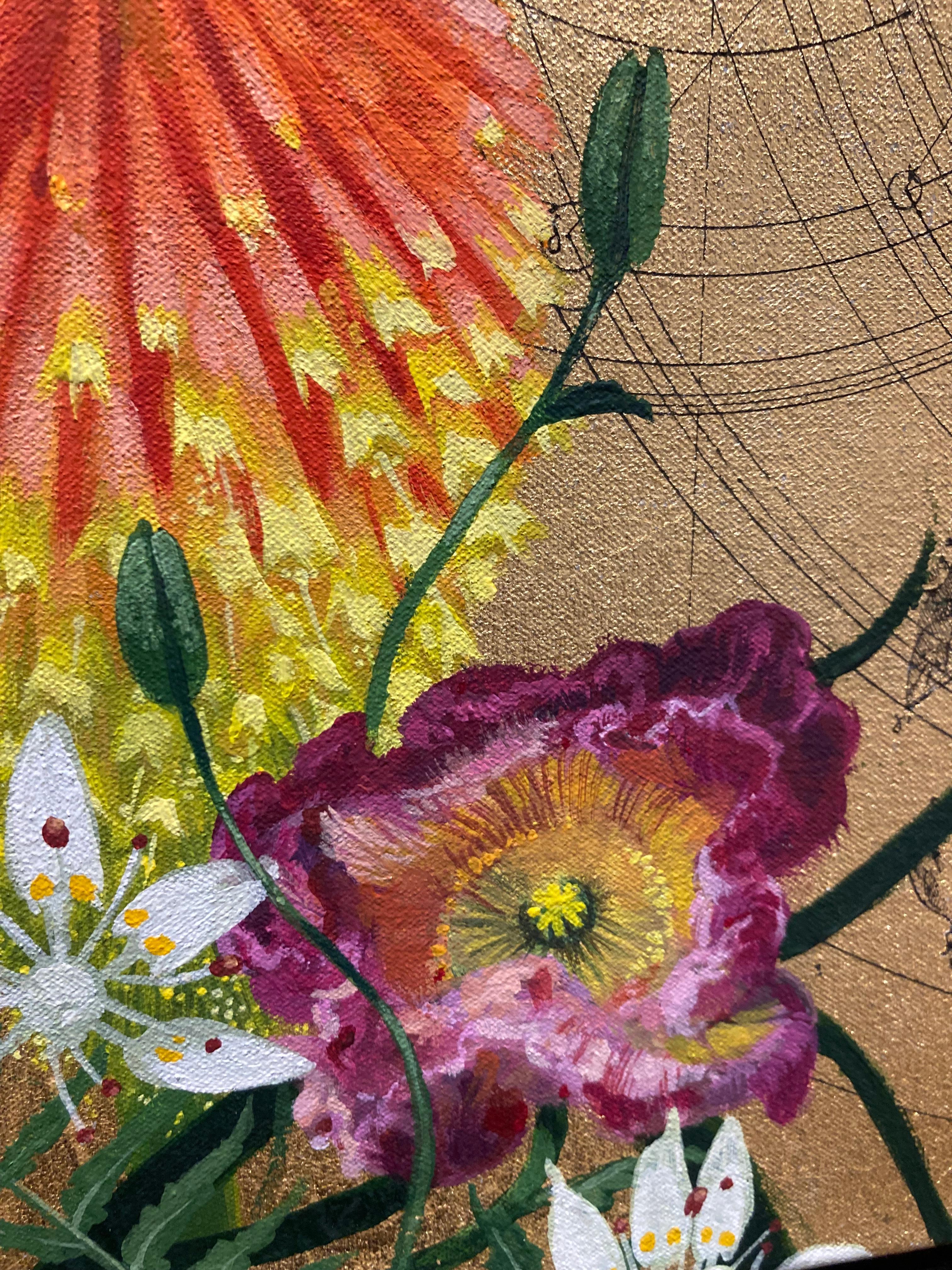 Aurum 6 - pintura contemporánea en técnica mixta, Geometría Floral Dorada Pájaros - Animal Painting Marrón de Keng Wai Lee & Marco Araldi