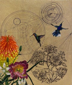 Aurum 6 - peinture contemporaine en techniques mixtes, oiseaux géométriques à fleurs