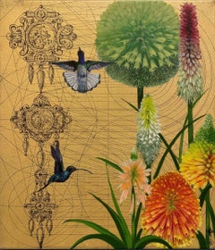 Aurum 9 - Peinture d'animaux réaliste contemporaine en or, fleurs et oiseaux