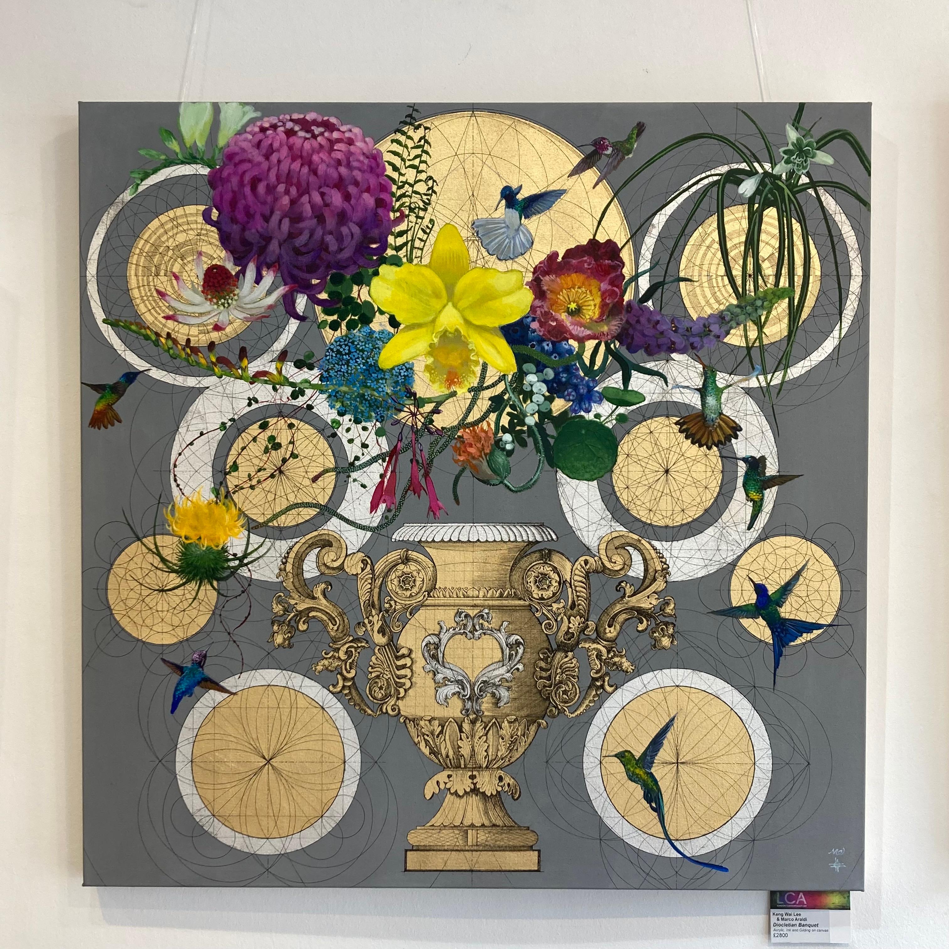 Diocletian Banquet - collaborative decorative floral geometric mixed media art - Painting by Keng Wai Lee & Marco Araldi