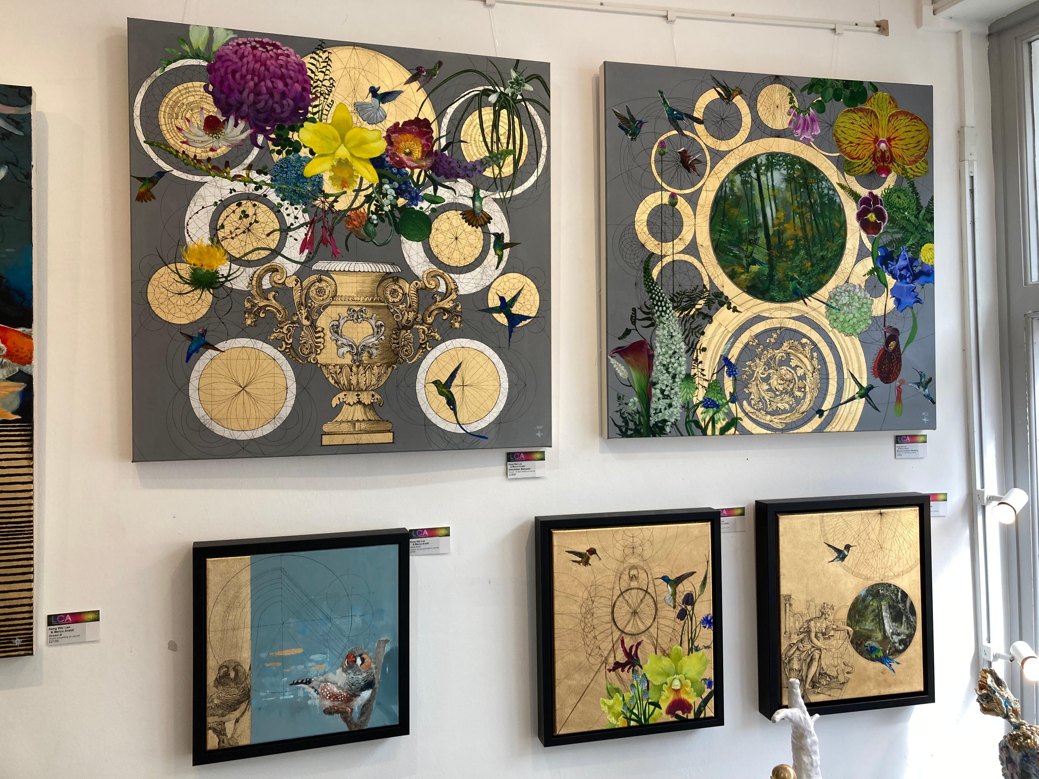 Diocletian Banquet - collaborative decorative floral geometric mixed media art - Contemporary Painting by Keng Wai Lee & Marco Araldi